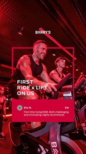 A high-intensity exercise bike ad featuring a user testimonial overlay. The creative uses a dark, red-lit gym aesthetic to communicate performance.